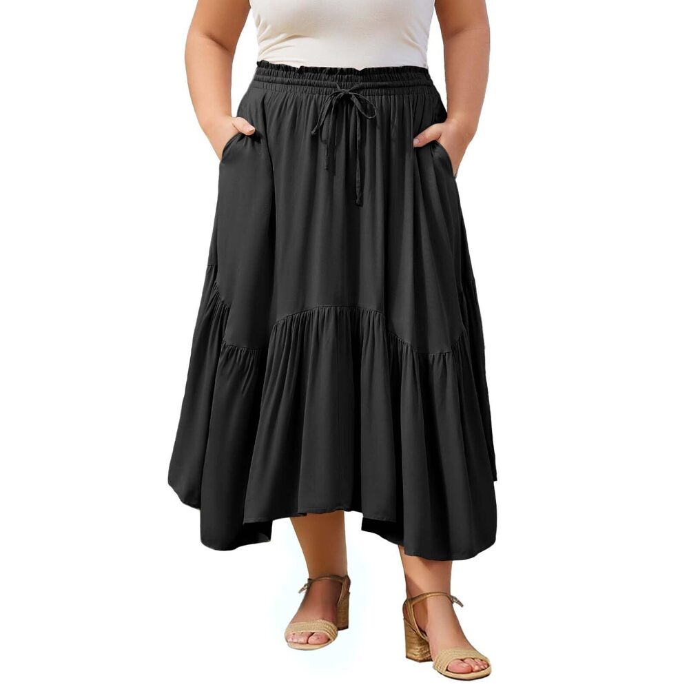 6655 Plus Size Boho Maxi Skirt Tiered Flowy High Waist Long Maxi Skirt